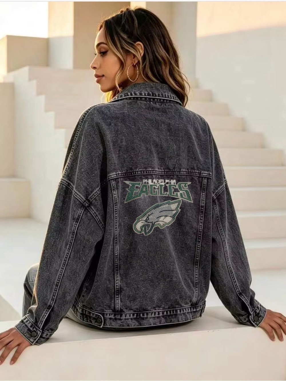 Women's Black Philadelphia Eagles Distressed Denim Jacket